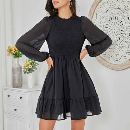 Exlura Women’s Vintage Mini Dress Round Neck Long Lantern Sleeve Ruffle Dress Cute Babydoll Casual Dresses