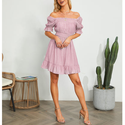 Exlura Women’s High Waist Square Neck Mini Dress Off Shoulder Smocked Puff Short Sleeve Summer Short Ruffle Dress