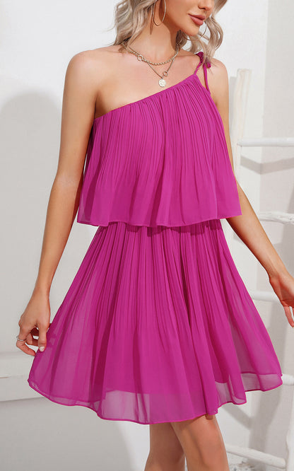 Summer Mini Sundress - One Shoulder Spaghetti Strap Tiered
