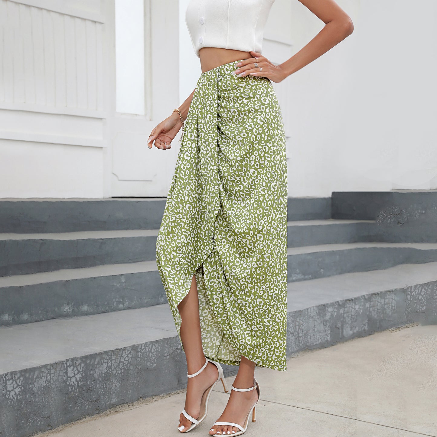 Faux Wrap Midi Skirt High Waisted Ruched High Low Slit Long