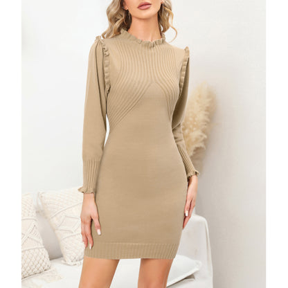 EXLURA Women’s Sexy Bodycon Pullover Sweater Dress Ruffle High Neck Knit Long Puff Sleeve Dress Cute Mini Winter Dress