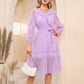 EXLURA Women’s Belted Swiss Dot V Neck Midi Dress Long Puff Sleeve Ruffle Dress Lace Patchwork Wedding Guest Dress