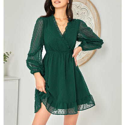 BYINNS Women’s Swiss Dot V Neck Ruffle Mini Dress Long Puff Sleeve Dress Elegant Vintage Cocktail Wedding Guest Dress