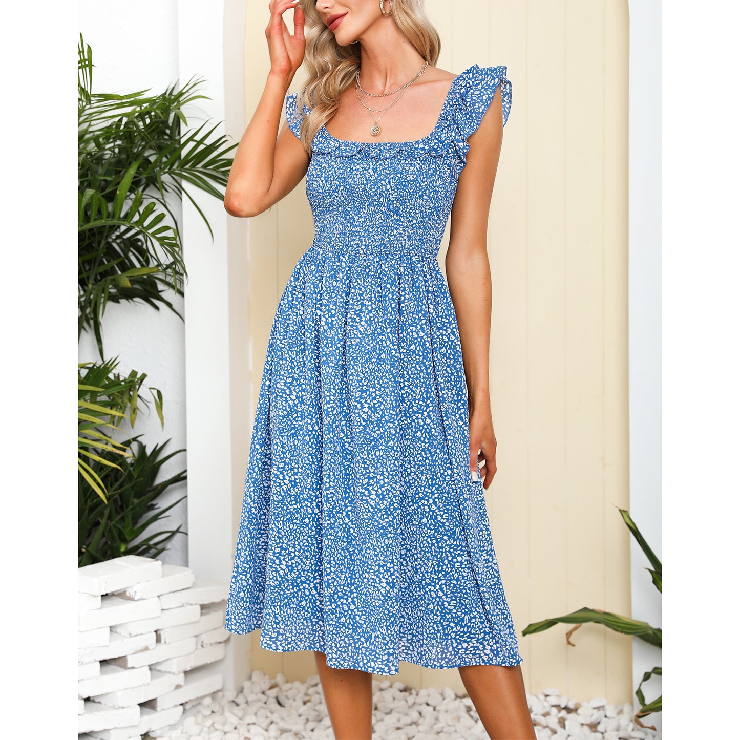EXLURA Women's Sleeveless Dress Square Neck Floral Print High Waist A-line Ruffle Smocked Backless Midi Dress