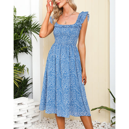 EXLURA Women's Sleeveless Dress Square Neck Floral Print High Waist A-line Ruffle Smocked Backless Midi Dress