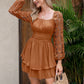 KRDR302EXLURA Women’s Lace Long Puff Sleeve Mini Dress Square Neck Backless Short Swing Party Dress Tie Back Bridesmaid Wedding Guest Dresses
