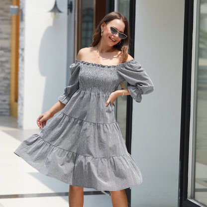 EXLURA Women's Back Tie Knot Square Neck Smocked Bust Puff Elbow Sleeve Ruffle Plaid Tiered Midi Dress