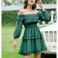 EXLURA Women's Short Mini Dress Square Neck A Line Long Sleeve Dress Tiered Ruffle Boho Wedding Guest Dress