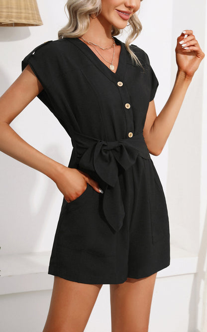 Jumpsuits - V Neck Button Short Sleeve Wide Leg Casual Rompers