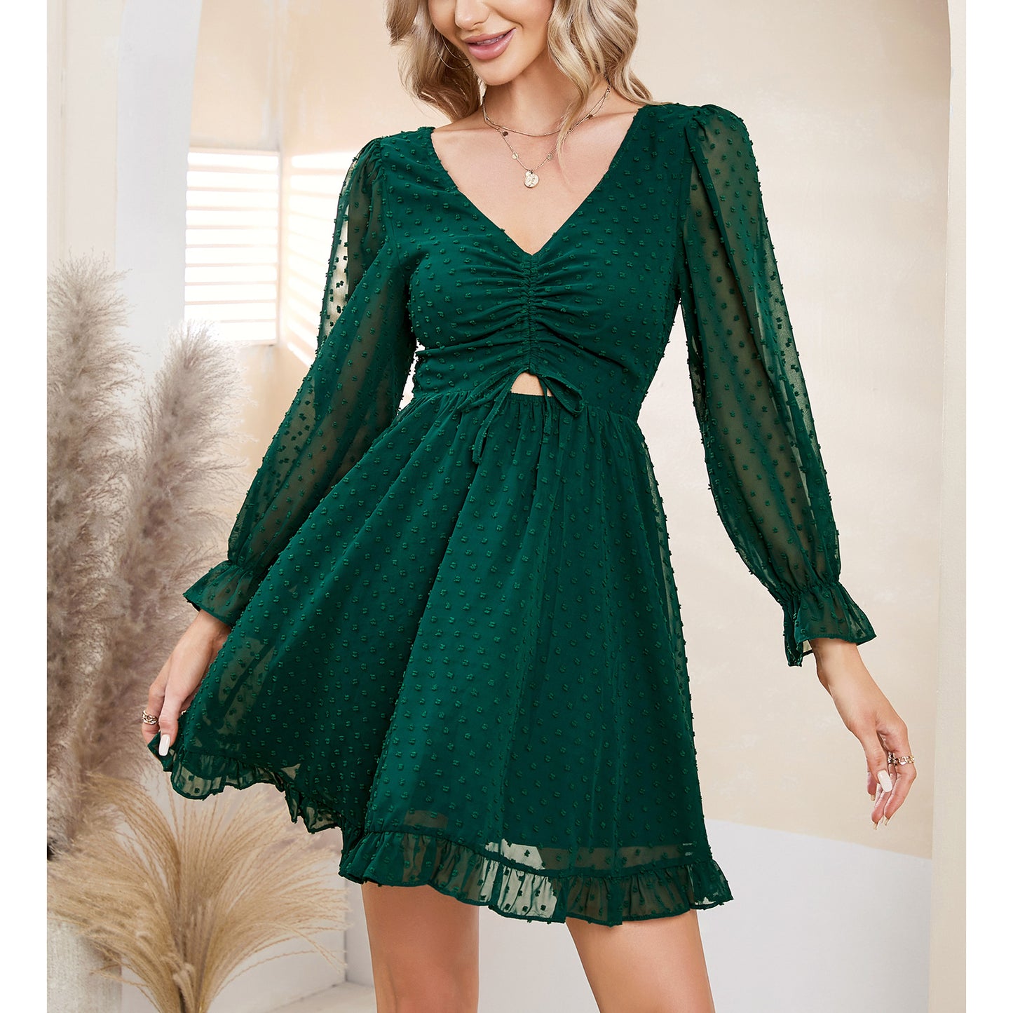 EXLURA Women’s Swiss Dot Flowy Mini Dress V Neck Long Puff Sleeve Tie Back Ruffle Dress Sexy Cottagecore Wedding Guest Dress