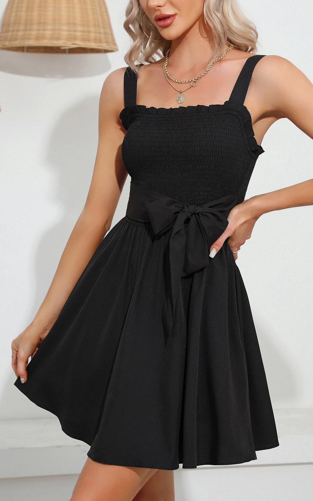 Summer Smocked Mini Sundresses - Belted Sleeveless