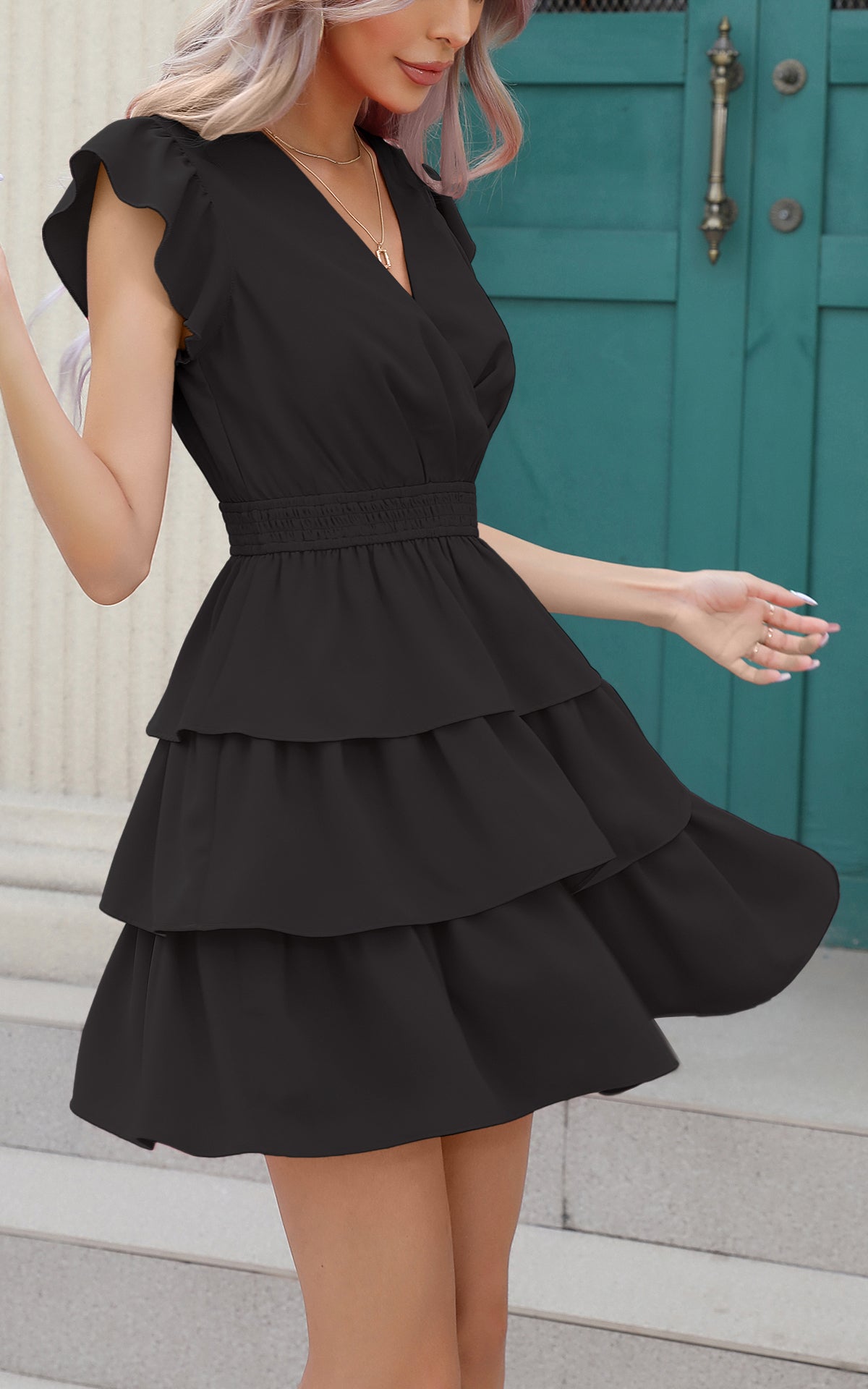 Short Ruffle Sleeve Smocked Sexy Wrap Cocktail Dress