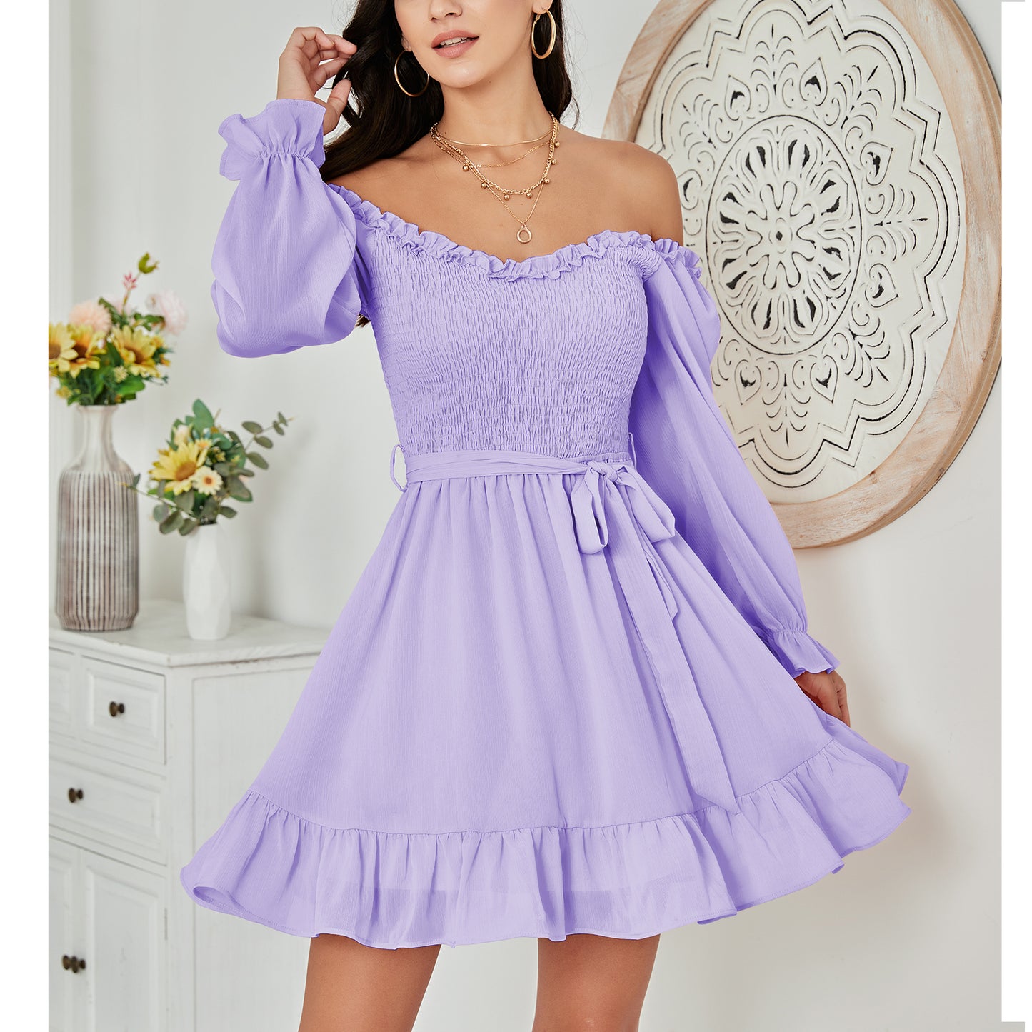 EXLURA Women’s Sweetheart Neckline Ruffle Flowy Dress Smocked Long Puff Sleeve Mini Dress Cottagecore Wedding Guest Dress