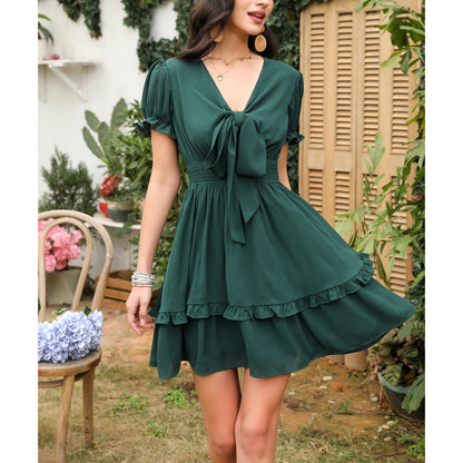 Exlura Women’s V Neck Summer Ruffle Dress Sundress Tiered Smocked Tie Front Short Puff Sleeve Swing Mini Dress