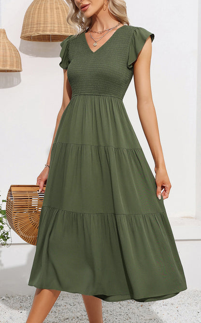 EXLURA Women's Summer Flowy Midi Dress - V Neck Smocked Ruffle Flutter Short Sleeve Boho Wedding Guest Dress