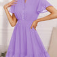 Flowy Mini Shirt Dress - V Neck Short Sleeve Button Down Ruffle