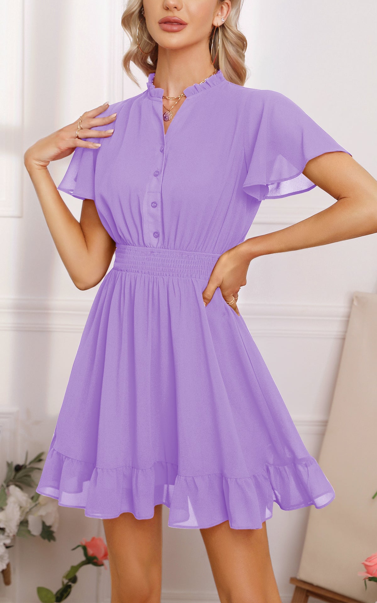Flowy Mini Shirt Dress - V Neck Short Sleeve Button Down Ruffle