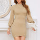 EXLURA Womens Bodycon Pullover Sweater Dress Mock Neck Asymmetrical Hem Long Puff Sleeve Sexy Mini Party Dress