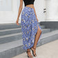 Faux Wrap Midi Skirt High Waisted Ruched High Low Slit Long