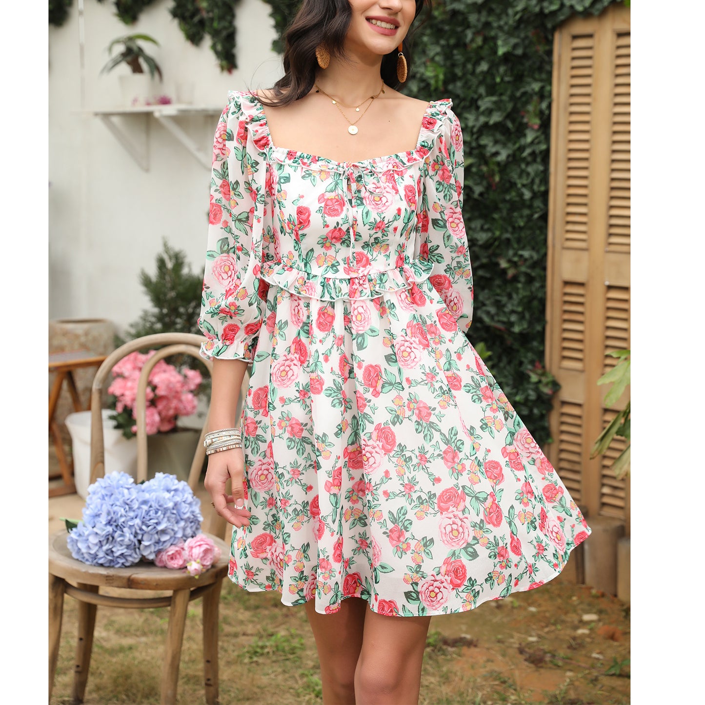 Exlura Women’s Off Shoulder Floral Ruffle Dress Sundress Tie Back Puff Sleeve Backless Square Neck Mini Summer Dress