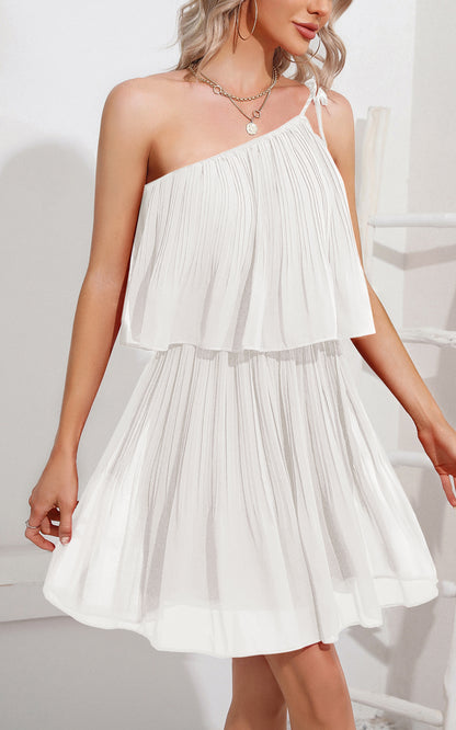 Summer Mini Sundress - One Shoulder Spaghetti Strap Tiered