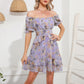 Floral Flowy Summer Dress - Square Neck Short Puff Sleeve Ruffle