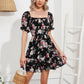 Floral Flowy Summer Dress - Square Neck Short Puff Sleeve Ruffle