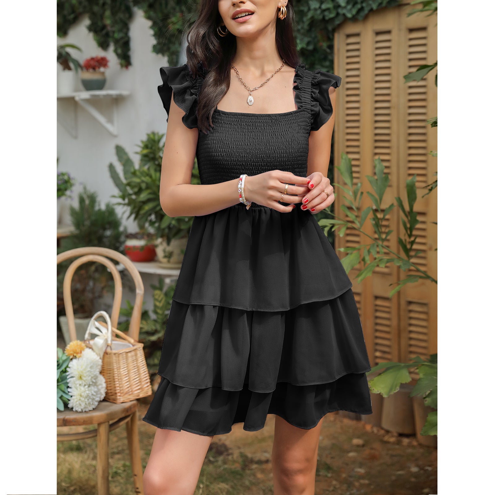 High Waist Sleeveless Ruffle Dress Backless Square Mini Summer Dress