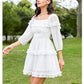 EXLURA Women's Short Mini Dress Square Neck A Line Long Sleeve Dress Tiered Ruffle Boho Wedding Guest Dress