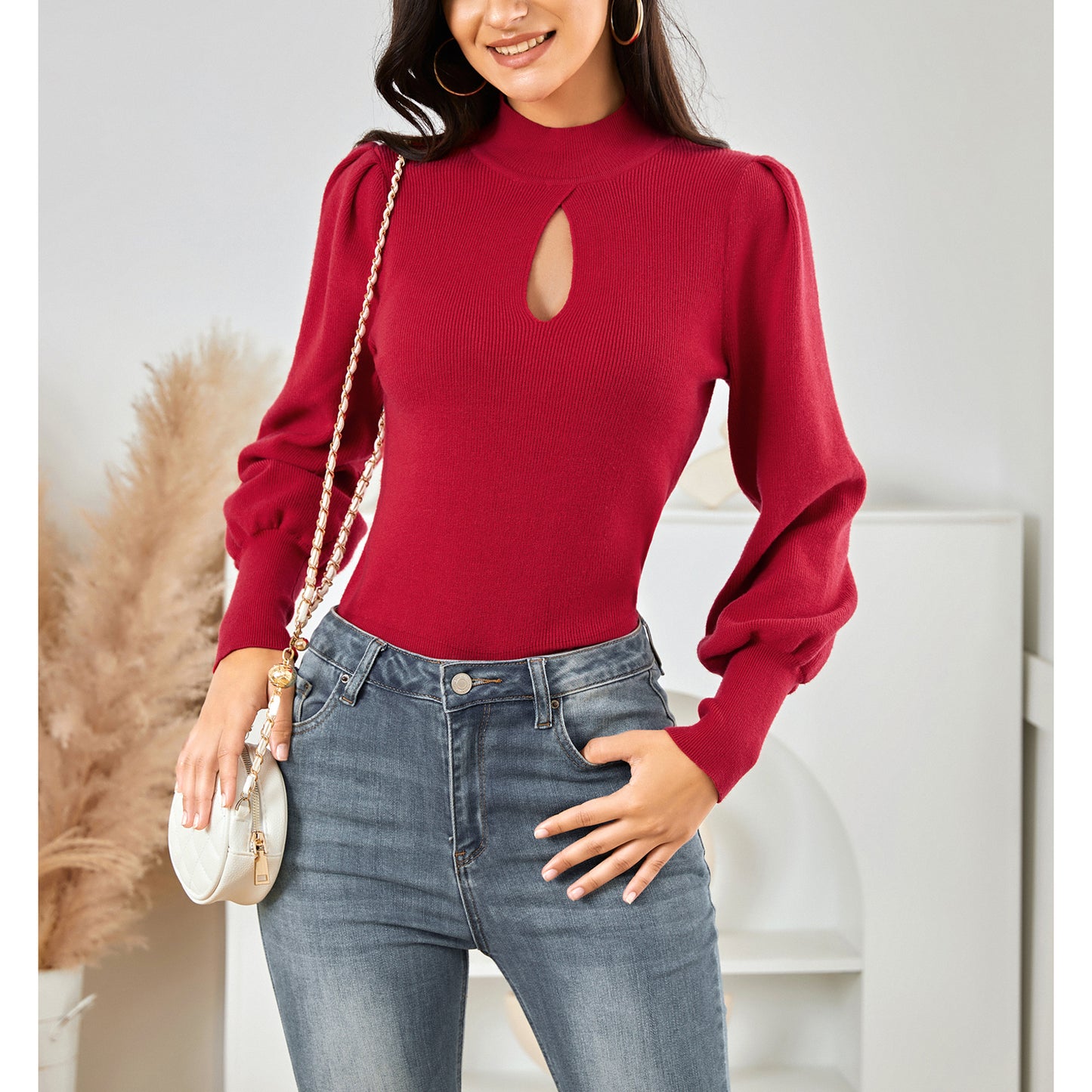 EXLURA Women’s Keyhole Mock Neck Pullover Sweater Slim Fitted Long Puff Sleeve Turtleneck Casual Trendy Tops Jumpers
