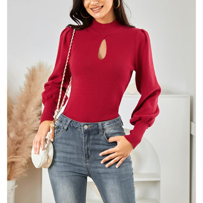 EXLURA Women’s Keyhole Mock Neck Pullover Sweater Slim Fitted Long Puff Sleeve Turtleneck Casual Trendy Tops Jumpers