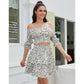 Exlura Women’s Two Piece Tiered Ruffle Outfit Tie Back Elbow Sleeve Crop Top Smocked Waist Off Shoulder Square Neck Tops and Mini Skirt Set