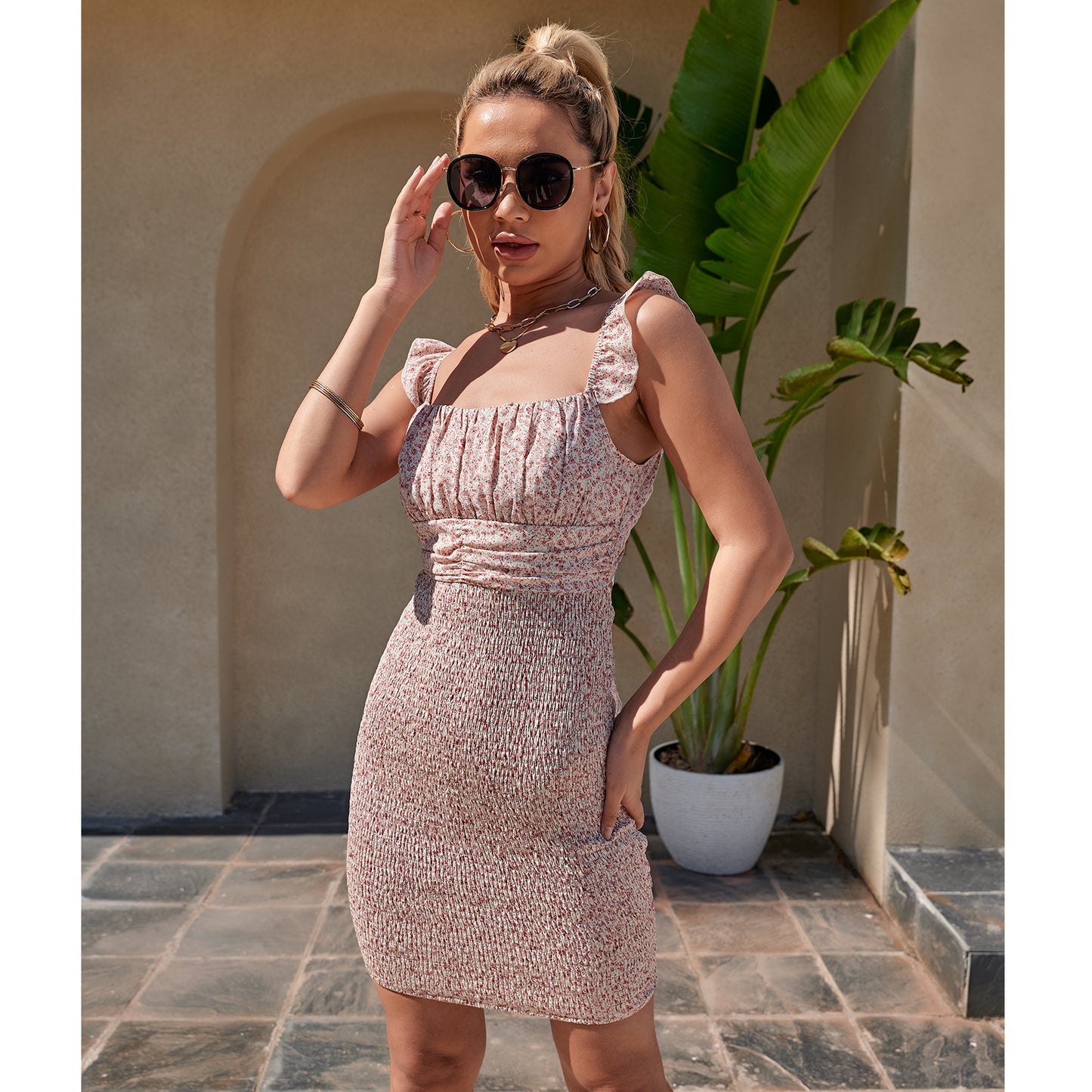 Exlura Women’s Sleeveless Square Neck Bodycon Bandage  Dress Tie Back Floral Backless Smocked Sheath Mini Dress