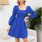 EXLURA Women’s Long Puff Sleeve Dress with Pockets Smocked Ruffle Square Neck Mini Dress Babydoll Vintage Cocktail Party Dress