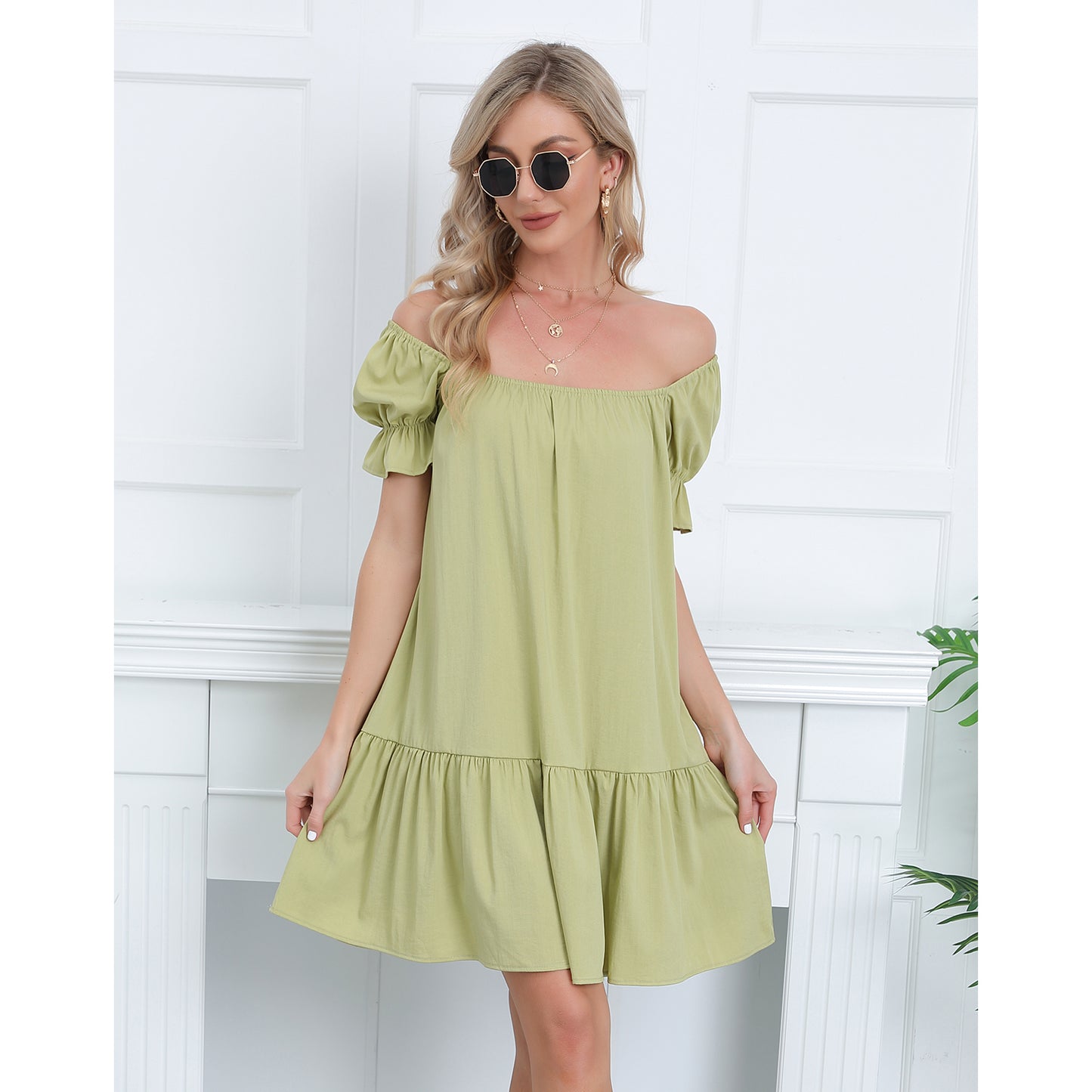 Exlura Women’s Square Neck Puff Short Sleeve Dress Off Shoulder Tiered Ruffle A-Line Babydoll Mini Party Dress