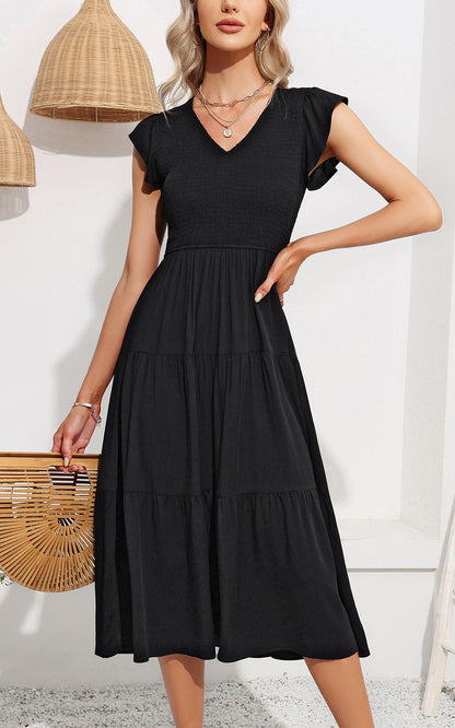 EXLURA Women's Summer Flowy Midi Dress - V Neck Smocked Ruffle Flutter Short Sleeve Boho Wedding Guest Dress