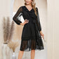 EXLURA Women’s Belted Swiss Dot V Neck Midi Dress Long Puff Sleeve Ruffle Dress Lace Patchwork Wedding Guest Dress