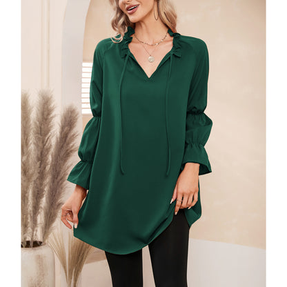 Exlura Women’s Vintage Casual Mini Dress Tie Front Ruffle Long Puff Sleeve Tunic Dress Cocktail Party Dress