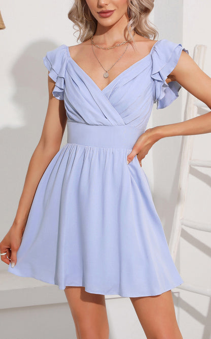 Mini Sundress - V Neck Smocked Ruffle Short Sleeve Wrap