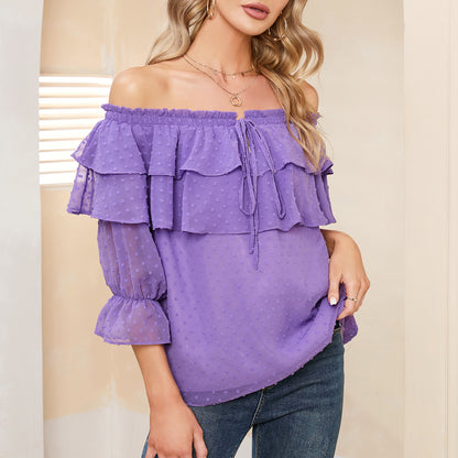 EXLURA Women’s Off The Shoulder Layered Ruffle Tops Swiss Dot Long Puff Sleeve Blouses Shirts Flowy Party Dressy Tops