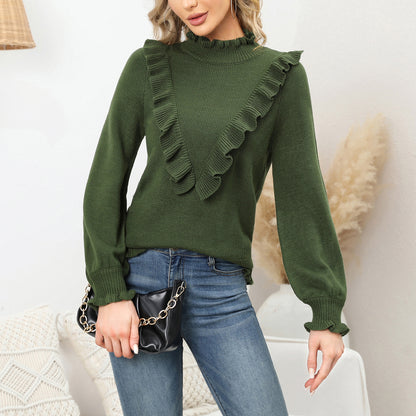 EXLURA Women's Ruffle Chunky Pullover Sweater Mock Turtleneck Long Puff Sleeve Jumpers Casual Trendy Tops