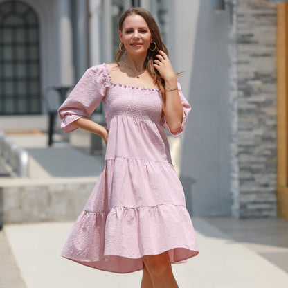 EXLURA Women's Back Tie Knot Square Neck Smocked Bust Puff Elbow Sleeve Ruffle Plaid Tiered Midi Dress