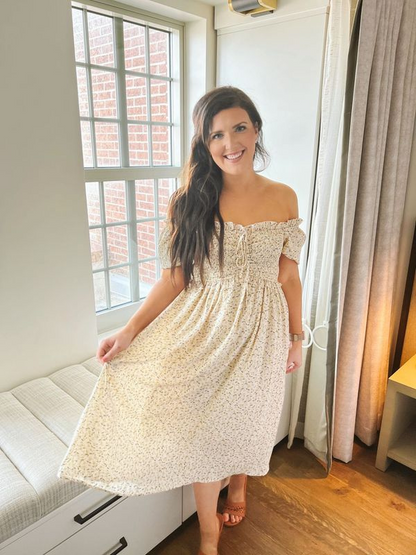 EXLURA Womens Square Neck Dress Puff Short Sleeve High Waist Smocked Ruffle Floral Sweetheart Neckline A-line Midi Dress