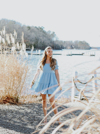 Exlura Women’s Round Neck Dress Backless Puff Short Sleeve Tie Back Ruffle Tiered Cut Out Mini Babydoll Dress