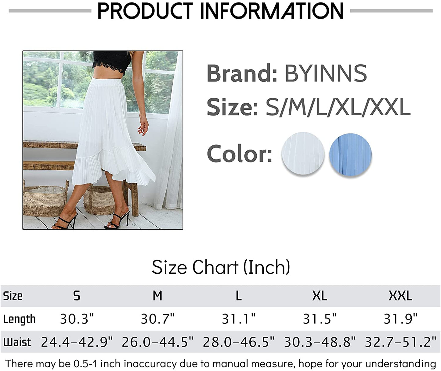 Byinns Women's Stretchy High Waist Ruffle Pleated Asymmetrical A Line Swing Midi Skirts