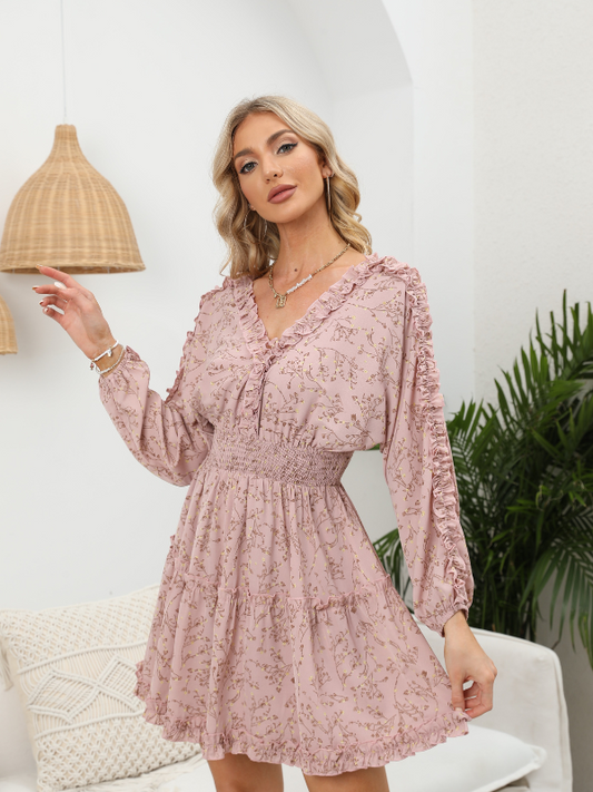 EXLURA Women’s V Neck Ruffle Floral Boho Mini Dress Backless Batwing Long Sleeve Dress Vintage Wedding Guest Dress