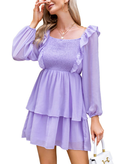 EXLURA Women’s Smocked Ruffle Mini Dress Square Neck Long Puff Sleeve Dress Casual Vintage Cocktail Wedding Dress