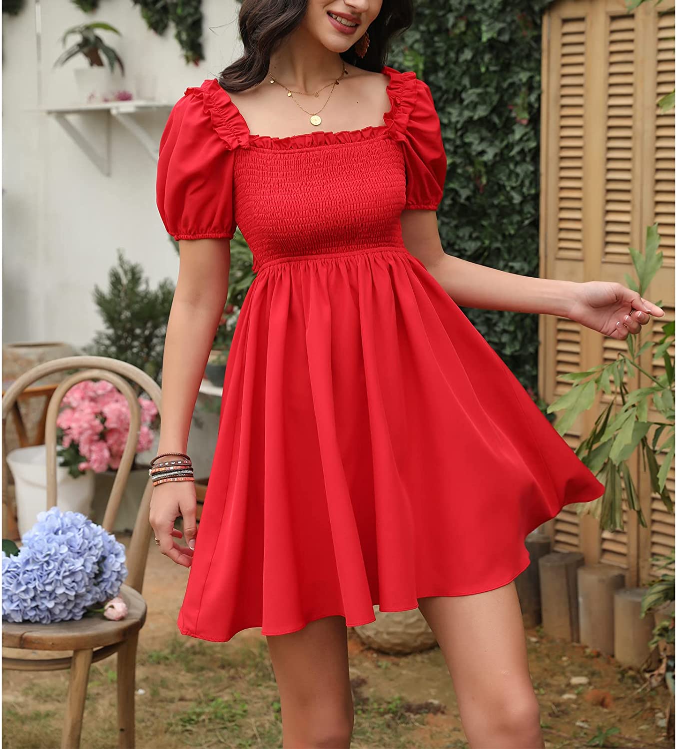 Byinns Womens Square Neck Tie Back Ruffle Off Shoulder Dress Summer Smocked A-Line Flowy Casual Mini Dress