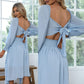 EXLURA Women's Tie Back Asymmetrical Hem Off Shoulder A-line Dresses Long Lantern Sleeve Ruffle Midi Dress