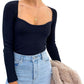 Exlura Women's Square Neck Ribbed Knitted Crop Sweater Long Sleeve Slim Fit Pullover Tops
